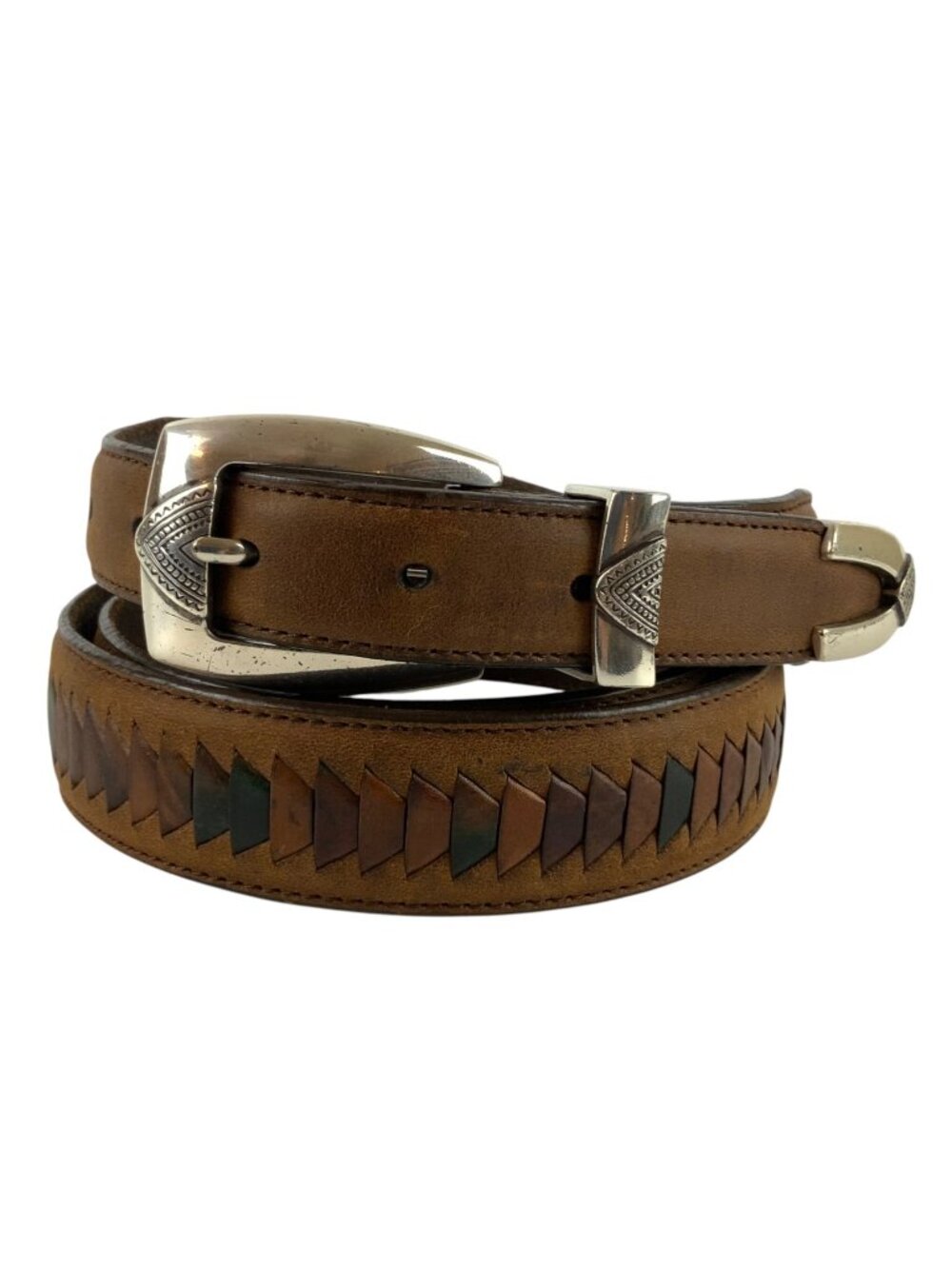 Onyx By Brighton Brown Leather Western Belt Braided Inlay 46 Silvertone Buckle
